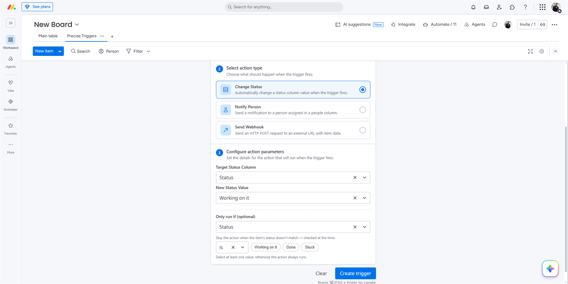 Precise Triggers - creating a Change Status trigger on a monday.com board